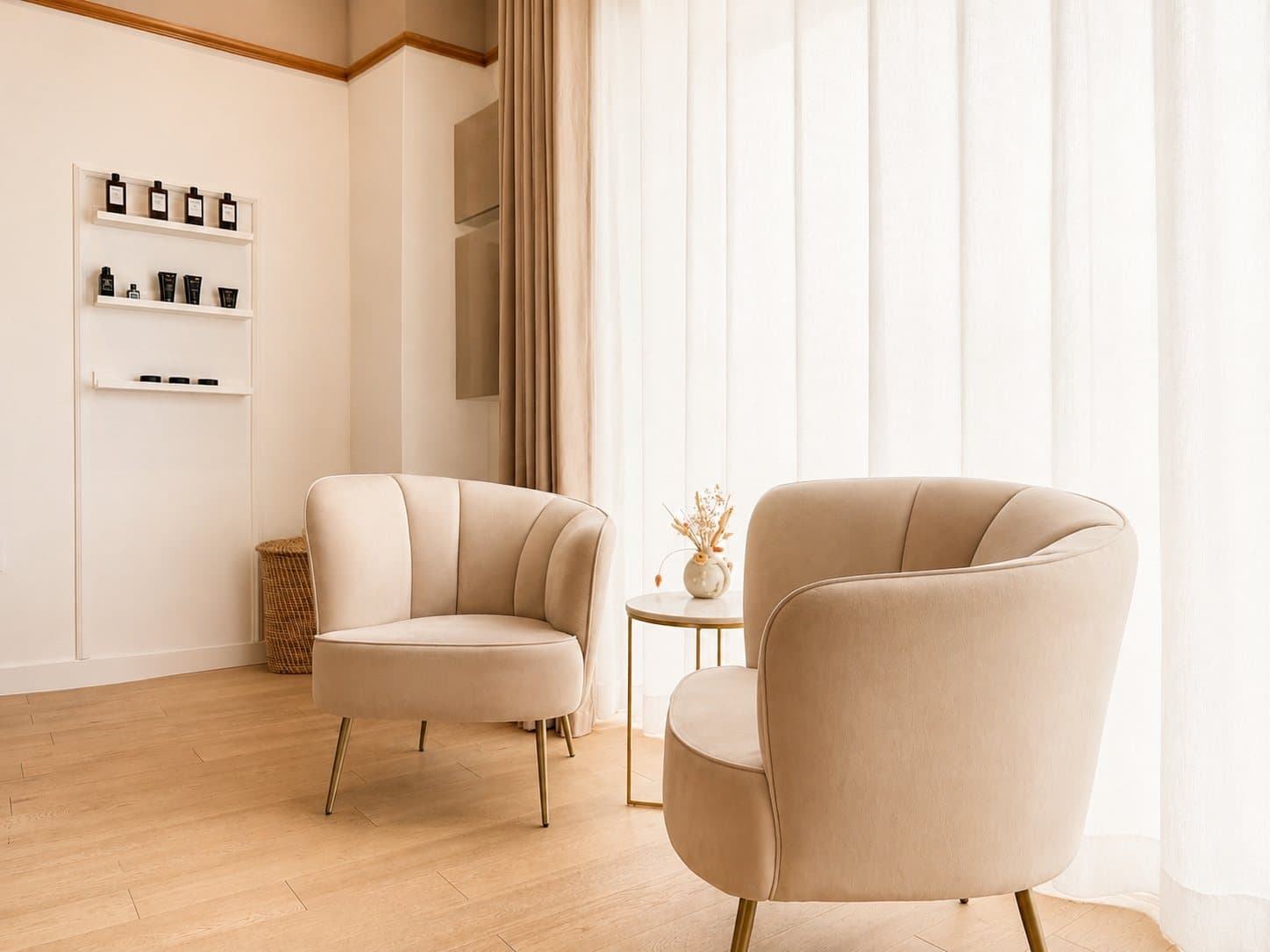 L'espace d'attente du salon Maison Pimentel, fauteuils et lumière naturelle