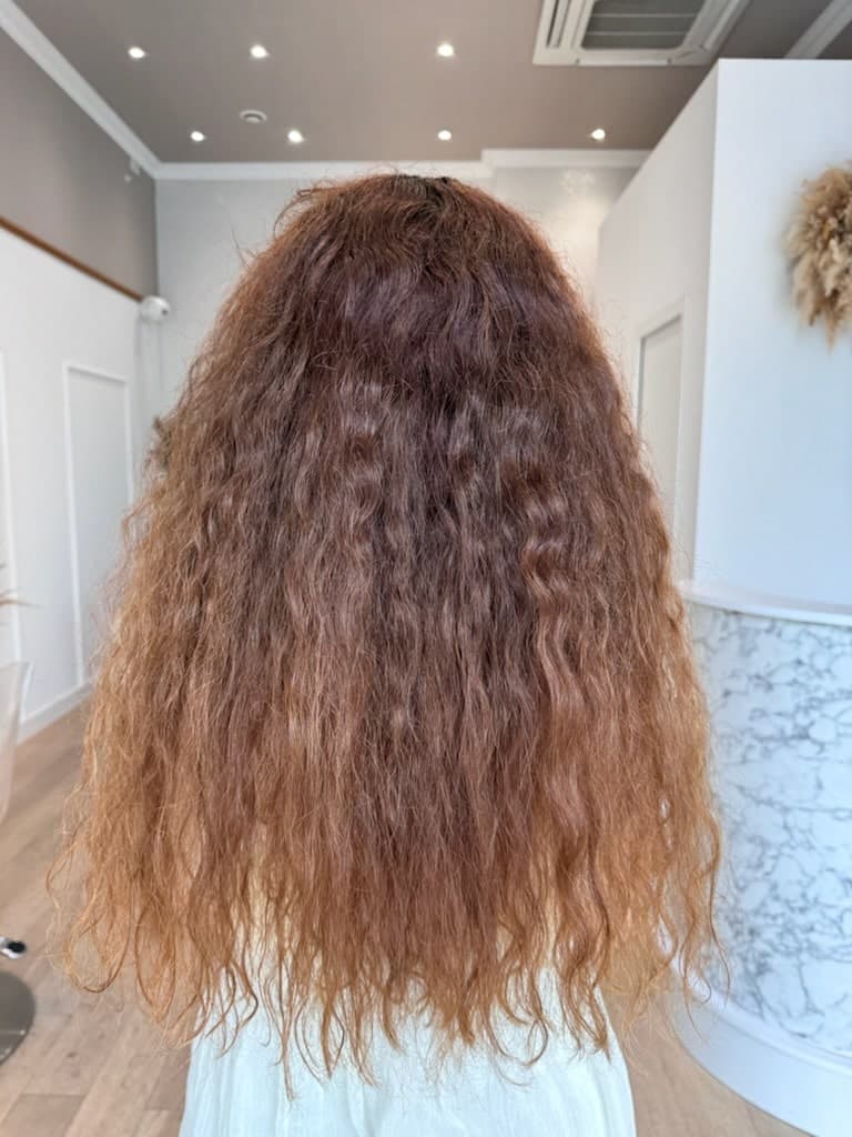 Cheveux volumineux et indisciplinés avant le soin lissant